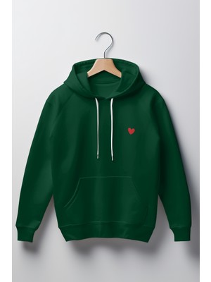 Kalp Baskılı Unisex Standart Fit Kapüşonlu Şardonlu Pamuklu Sweatshirt