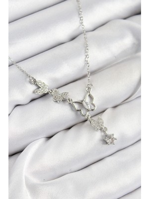 316L Çelik Zirkon Taşlı Kelebek Model Gümüş Renk Kadın Kolye - Lisinya