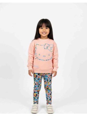 Pini Co Kız Çocuk Kedi Figürlü Pembe Sweatshirt ve Çiçek Desenli Tayt Takım