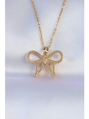 316L Çelik Zincir Gold Renk Zirkon Taşlı Fiyonk Kolye - Lisinya