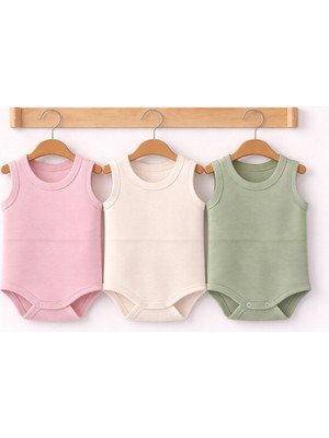 Can Baby %100 Organik Pamuk Bebek Atlet Body 3’lü Set – Kolsuz Unisex Pembe Ekru Yeşil