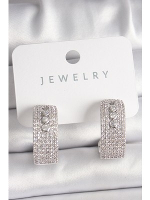 Pirinç Gümüş Renk Zirkon Taşlı Halka Messika Model Kadın Küpe - Lisinya