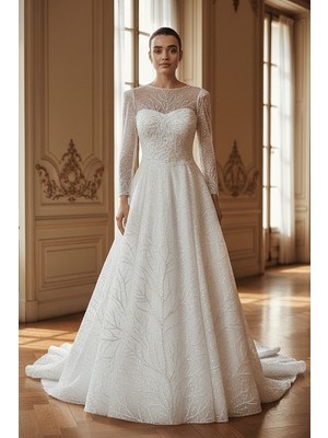 S&G Gelinlik Uzun Kollu Gipür Gelinlik