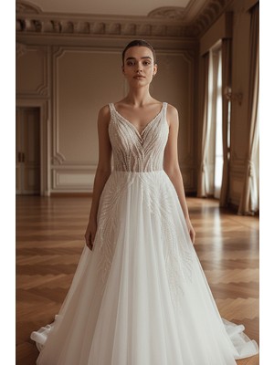 S&G Gelinlik A Kesim Kırık Beyaz Boncuk Işli Gipür Gelinlik