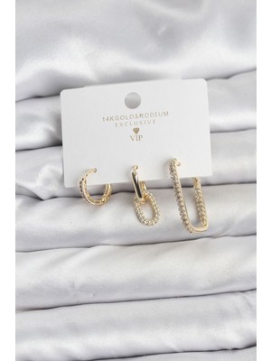 Gold Renk Zirkon Taşlı 3'lü Kadın Küpe Seti - Lisinya