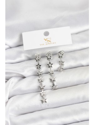 Pirinç Gümüş Renk Yıldız Model Ysx Trio Küpe Seti - Lisinya