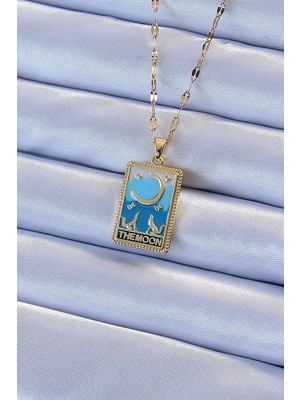 316L Çelik Zincir Altın Renk Mavi Mineli Ay Figür Tarot Kolye - Lisinya