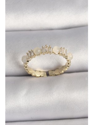 Pirinç Gold Renk Zirkon Taşlı Beyaz Mineli Ayarlanabilir Yüzük - Lisinya