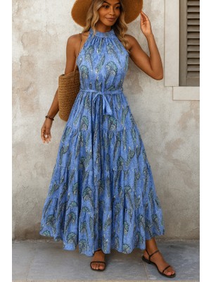 Bi Baksana Kadın Omuzlardan Açık Boyundan Geçmeli Desenli Süprem Bluz