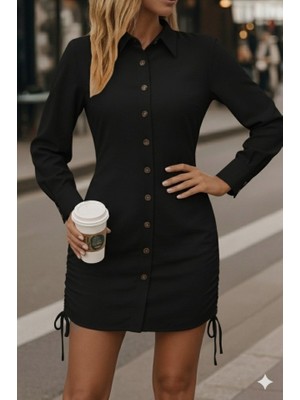 Bi Baksana Kadın Uzun Kollu Gömlek Yaka Önden Düğmeli Yanlardan Büzgülü Kısa Aerobin Elbise