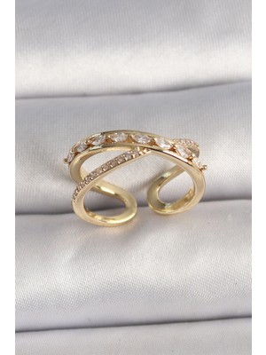 Pirinç Gold Renk Zirkon Taşlı Ayarlanabilir Kadın Yüzük - Lisinya