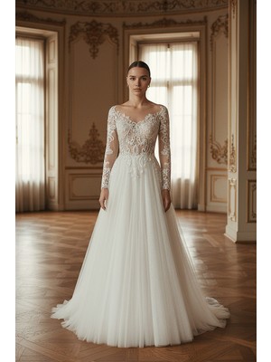 S&G Gelinlik Uzun Kollu Kırık Beyaz Işlemeli Gelinlik