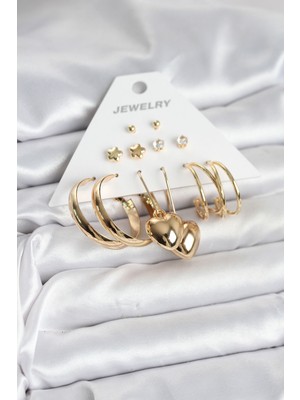 6 Çift Kadın Küpe Seti Gold Renk - Lisinya