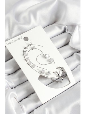 316L Çelik Kalp Figürlü ve Zirkon Taşlı Gümüş Renk 7'li Çift Kadın Küpe Set - Lisinya