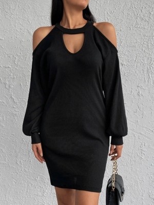 Marsilyan- Kadın Uzun Kollu Omuzları Açık Boyundan Şerit Detay Kaşkorse Elbise