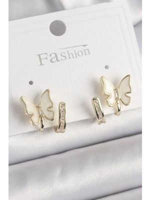 Pirinç Gümüş Renk Zirkon Taş Detaylı Beyaz Sedefli Kelebek Model Kadın Küpe - Lisinya