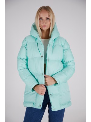 Tonny Black Kadın Su Yeşili Monica Normal Kesim Uzun Ön Düğme Dolumlu Su Geçirmez Kumaş Kapüşonlu Kaban