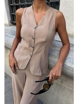 Bi Baksana Arkası Bağcıklı Yelek Plazza Pantolon Modal Takım 10202-08