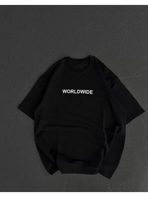 Bi Baksana Unisex Bisiklet Yaka Baskılı Oversize T-Shirt - Siyah