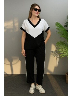 Bi Baksana Kadın Kısa Kollu V Yaka Siyah Beyaz Renkli Viskon Iki Iplik Kumaş Eşofman Takımı