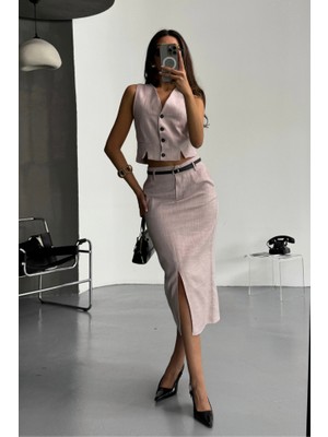 Bi Baksana Yelek-Önden Yırtmaçlı Etek Tk Şantuk Keten - Lila