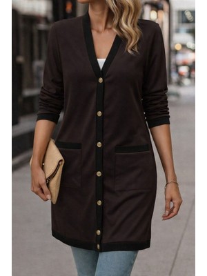 Bi Baksana Kadın Uzun Kollu Cepli Önden Düğmeli Uzun Modal Ceket Hırka