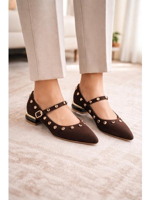 ModaOnn  Zarif Detaylı Siyah Taş ve Zımba Aksesuarlı Babet Ayakkabı