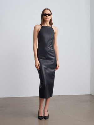 Dilvin 90935 Suni Deri Midi Elbise-Siyah