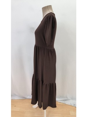 Bi Baksana Kadın Kısa Kollu Yakası Açık Katlı Bürümcük Balon Elbise