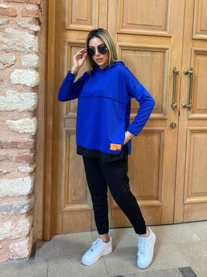 Bi Baksana Kadın Kapşonlu Etek Ucu Detay Armalı Ters Dikiş Gorunumlu Ikili Takım