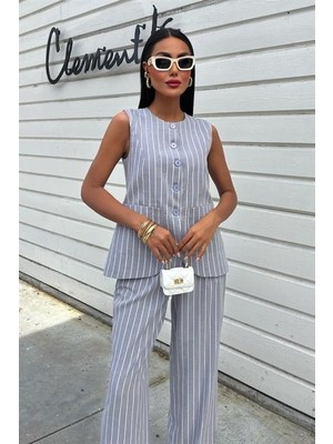 Bi Baksana Çizgili Viscon Keten Yelekli Rahat Takım 10121