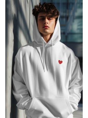 Kalp Baskılı Unisex Standart Fit Kapüşonlu Şardonlu Pamuklu Sweatshirt