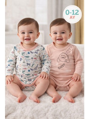 Baby Hola 0-12 Ay Kız Erkek Bebek Uzun Kol Çıtçıtlı Badi Ikili Set %100 Pamuk Dinozor Desen 516