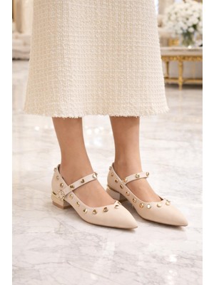 ModaOnn  Zarif Detaylı Siyah Taş ve Zımba Aksesuarlı Babet Ayakkabı