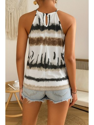 Bi Baksana Kadın Halter Kollu Damla Detaylı Desenli Süprem Bluz