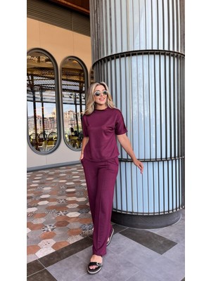 Bi Baksana Kadın Kısa Kollu Bisiklet Yaka Omuzdan Düğmeli Viskon Iki Iplik Kısa Bluz ve Pantolon Ikili Takım