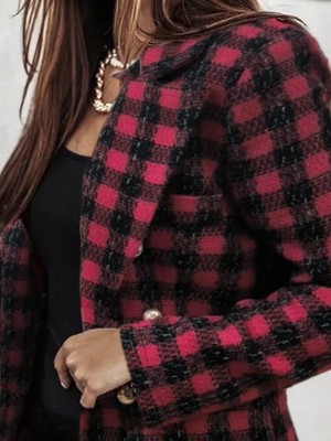 Bi Baksana Kadın Uzun Kollu Yakalı Kare Desenli Ekoseli Düğmeli Ceket