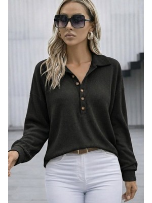 Bi Baksana Kadın Uzun Kollu Yakalı Düğmeli Salaş Waffle Bluz