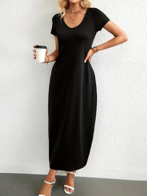 Bi Baksana Kadın Kısa Kollu Yakası Yuvarlak Cepli Viskon Elbise