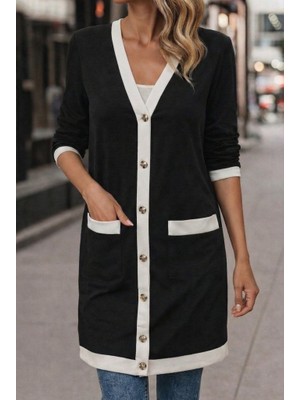 Bi Baksana Kadın Uzun Kollu Cepli Önden Düğmeli Uzun Modal Ceket Hırka