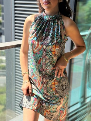 Bi Baksana Kadın Kolsuz Boyundan Askılı Desenli Midi Süprem Elbise