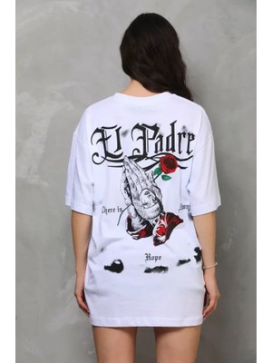 Bi Baksana Unisex Bisiklet Yaka Baskılı Oversize T-Shirt - Beyaz