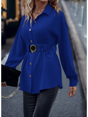 Bi Baksana Kadın Uzun Kollu Yakalı Önden Düğmeli Belden Kemerli Ithal Krep Bluz