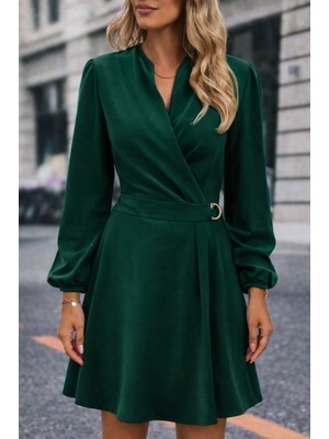 Bi Baksana Kadın Uzun Kollu Hakim V Yakalı Yandan Toka Detaylı Ithal Mini Krep Elbise