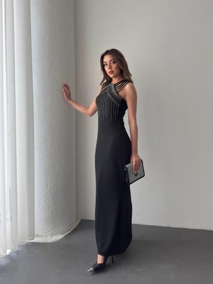 Bi Baksana Kadın Omuz Çoklu Askılı Önü Taş Işlemeli Balık Kesim Janjan Krep Maxi Boy Elbise