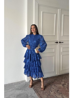 Bi Baksana Saks Valonlu Şeritli Kat Kat Elbise