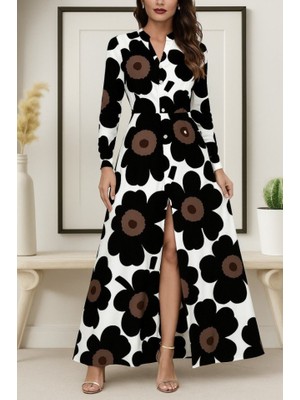 Bi Baksana Kadın Yakalı Önden Düğmeli Çiçek Desenli Uzun Süprem Elbise