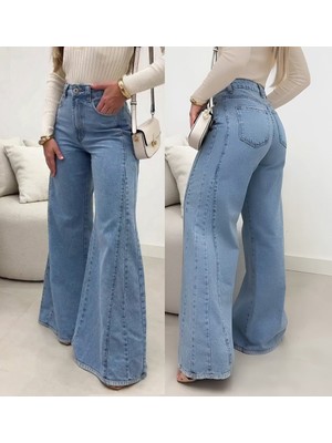 Bi Baksana Kadın Yüksek Bel Paçaya Doğru Geniş Kesimli Kot Pantolon