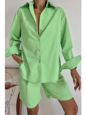 Bi Baksana Fıstık Yeşili Önü Cepli Gömlek ve Şort Takım
