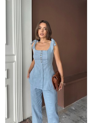 Bi Baksana Şantuk Keten Yelek Görünümlüaskılı Bluz - Pantolon Tk - Mavi
